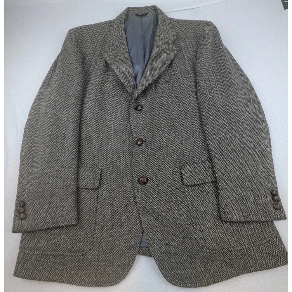 Corbin Ltd Tweed Wool Men Herringbone Sport Coat Blazer Gray Brown USA Lrg Vtg